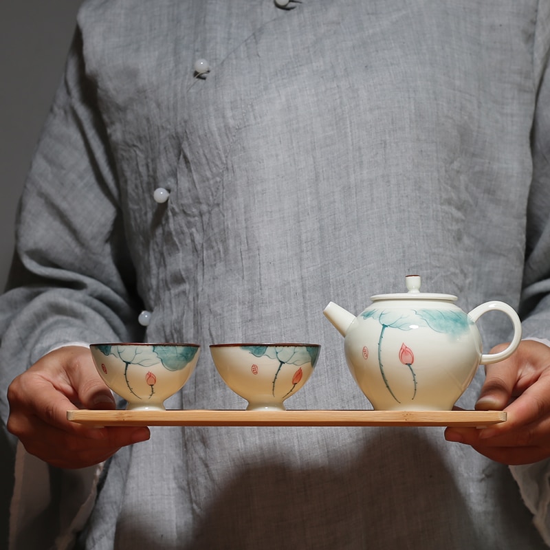 PINNY Ceramic Hand Painted Lotus Ceramic Tea Set 1 Pot 2 Cups 150ML Kung Fu Teapots Porcelain Teacups Pigmented Drinkware