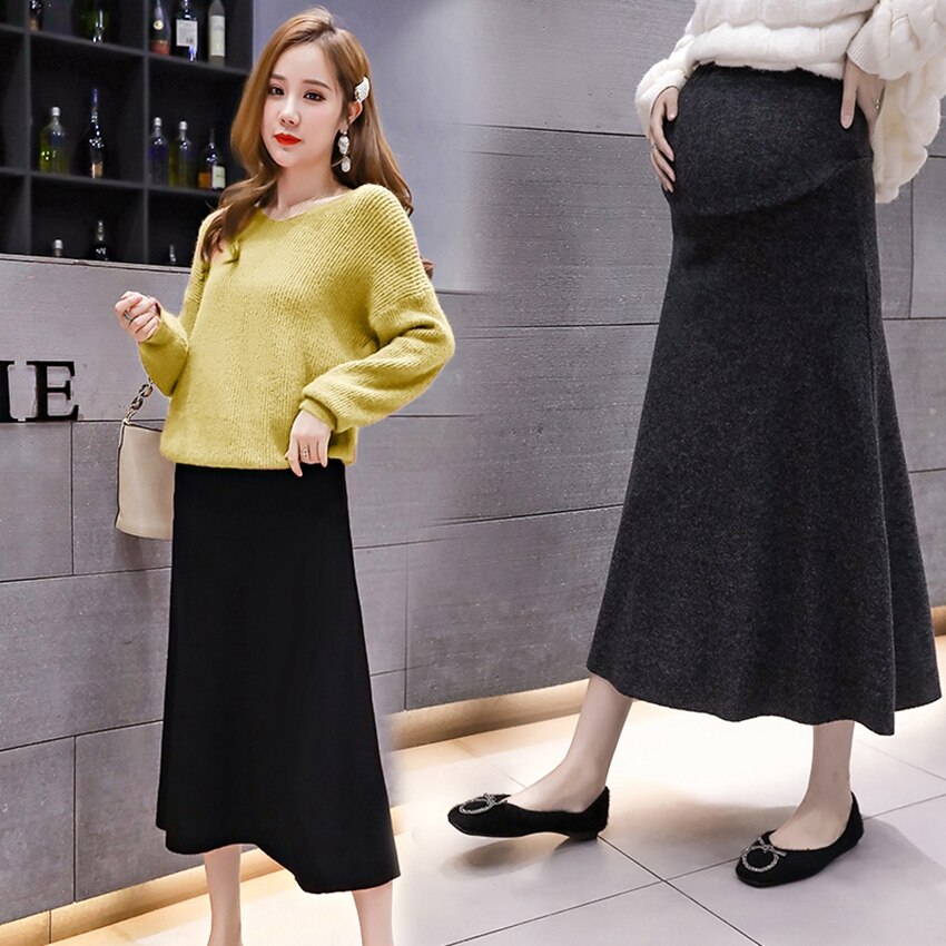 Falda larga de punto para mujer embarazada, Vestido largo de maternidad, de otoño e invierno,