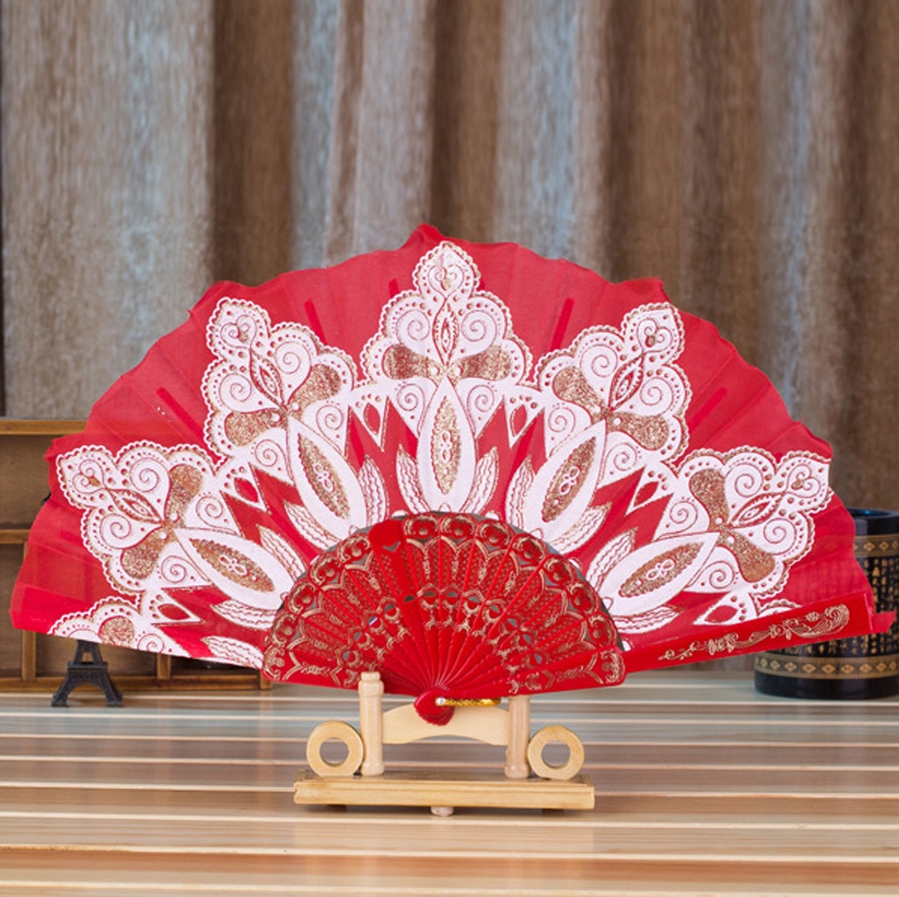 Chinese/Spaanse Stijl Dance Wedding Party Lace Silk Folding Handheld Flower Fan Voor Voor Souvenir #3: Rood