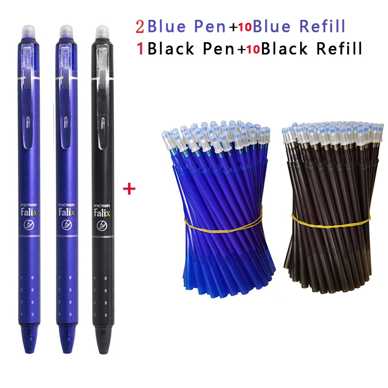 0,5mm retractable erasable gel pens with refills, black/blue gel ink, built-in eraser, office supplies, exam stationery: Black