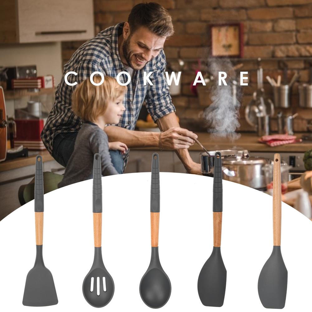 1pc silikon kjøkkenredskaper med bøk håndtak skje slikkepott pasta server visp øse sil til hjemmelaget bbq baking