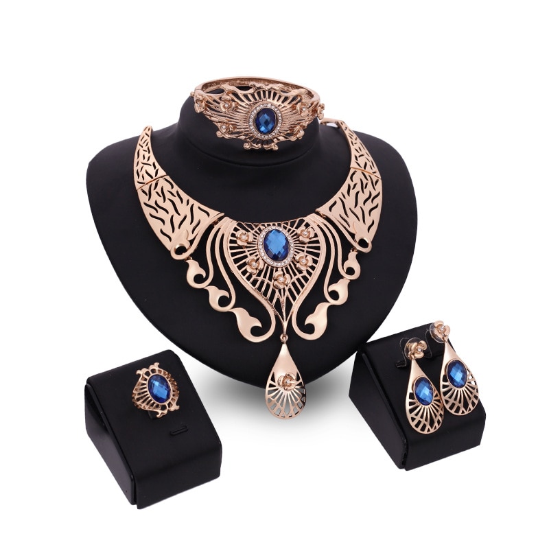 Teardrop Blauw Europa Amerika Hing-end Bruiloft Womens Ketting Bangle Oorbellen Ring Set Dames Party Legering Vier Sets Van Jewel