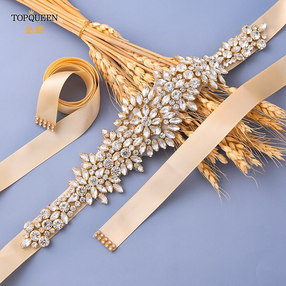 TOPQUEEN-cinturones para vestidos de novia de talla grande S319-G, cinturones dorados para mujer, cinturón de diamantes de imitación, cinta de lujo para novia, faja de boda