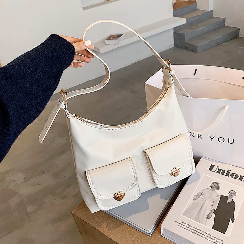 Bolso blanco Hobos de de para mujer, Cartera de mano de piel de Color sólido con múltiples bolsillos, bolso de hombro a la de media luna,