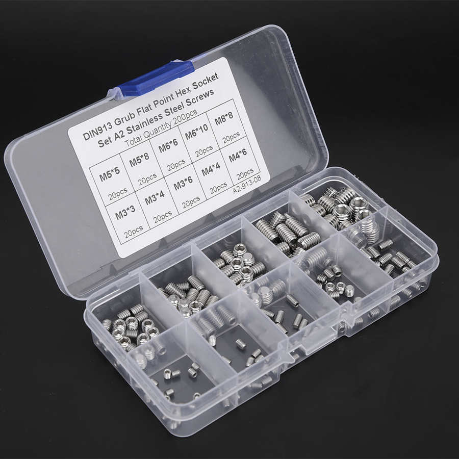 200pcs Stainless Steel Flat Point Hex Socket Grub Screw for Precise Instrument M3/M4/M5/M6/M8 Tool