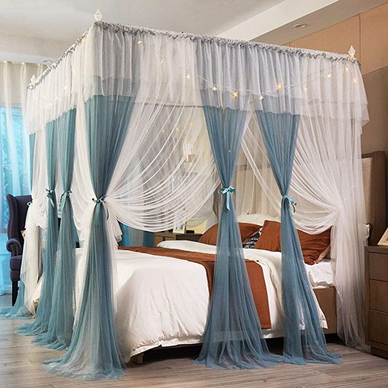 Hemelbed Gordijnen Voor Meisjes Blauw En Wit Gezellige Drape Netting 4 Openingen Klamboe Slaapkamer Decoratie Accessoires