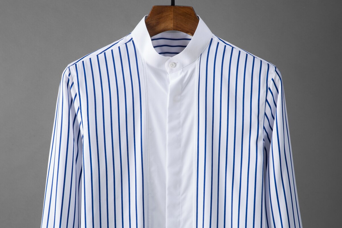 Tencel Male Shirts Luxury Stand Collar Long Sleeve Stripe Mens Dress Shirts Slim Fit Casual Man Shirts 4xl