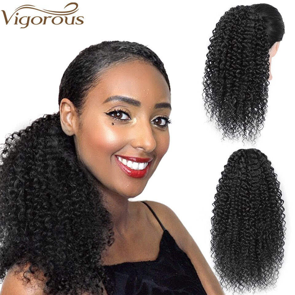 Krachtige Lange Afro Krullend Paardenstaart Haar Stuk Voor Afro-amerikaanse Synthetische Koord Paardenstaart Clip In Hair Extensions