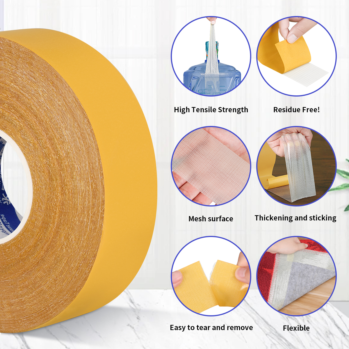 Double Sided Fabric Tape Resistente Clear Super Stick Tape with Fiberglass Mesh High Tack Strong Adhesive for Carpet Wall Craft