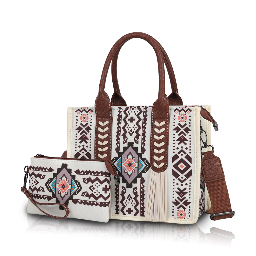 Hand-crossbodytassenset met etnische print, kwastversiering en kleine portemonnee, geschikt voor dagelijks woon-werkverkeer: WHITE