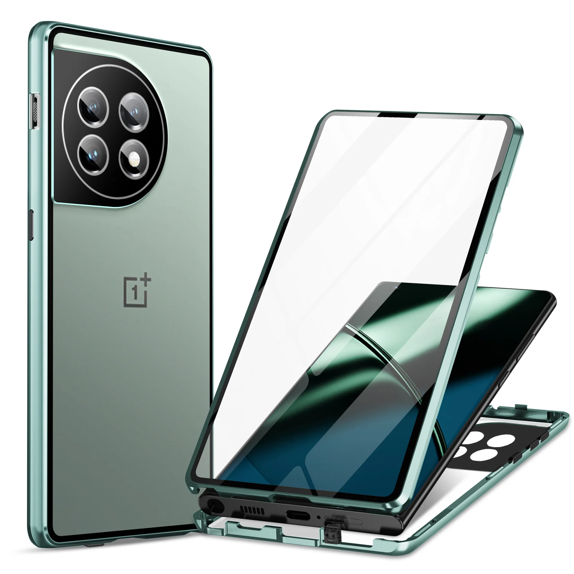 Para OnePlus 12 11 12R Funda de teléfono 360 ° Lente de marco de aleación de aluminio todo incluido One Plus 10 Pro Nord CE 5G HD Caja protectora: Tela de algodón / green