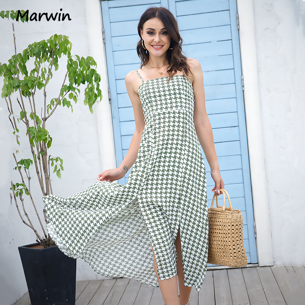 Marwin Summer Spaghetti Strap Long Women Houndtooth Printing High Street Hoilday Style Women Dresses