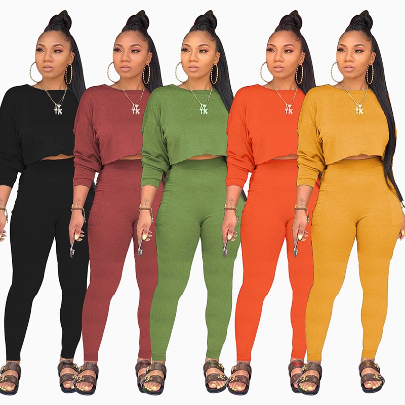 Echoine Autumn O-neck Two Pieces Set Long Sleeve Sweatshirt + Pant Suit With Pocket Tracksuit Women Solid 5 Color Plus Size 2XL