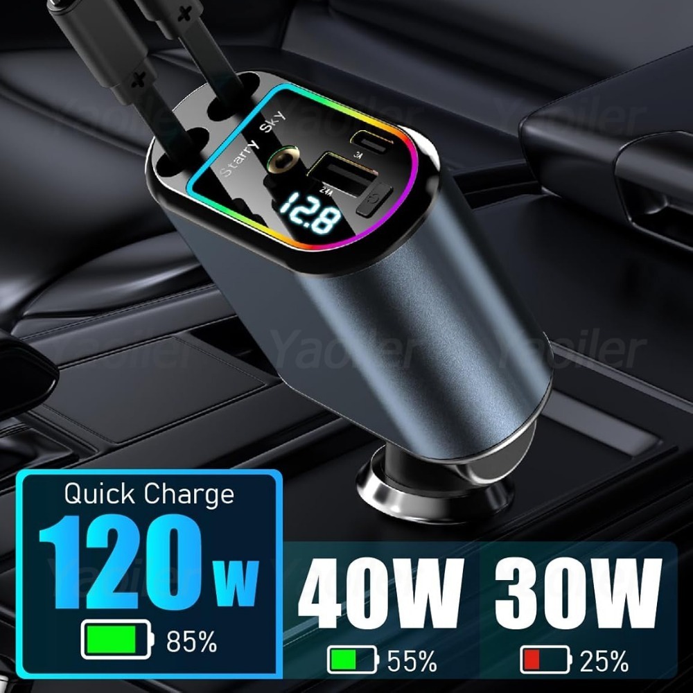 Adaptador de cargador de coche retráctil mejorado de 120W con Starlight, cargador de coche USB de carga rápida 4 en 1 con 2 puertos USB accesorios para coche
