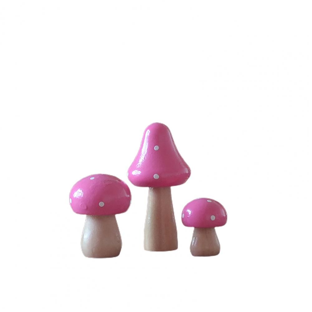 3Pcs/Set Miniatures Wooden Painting Mushroom Ornaments Crafts Micro-landscape Kids for Desk Decoration: Pink