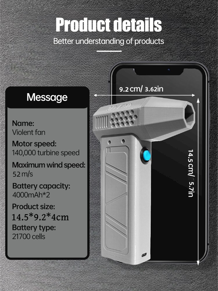 Potente ventilador de aire, ventilador de conducto de alta velocidad, mini ventilador Turbo Jet 140000 RPM Velocidad del viento 62 m/s Turbo Ventilador Motor sin escobillas Ventilador violento