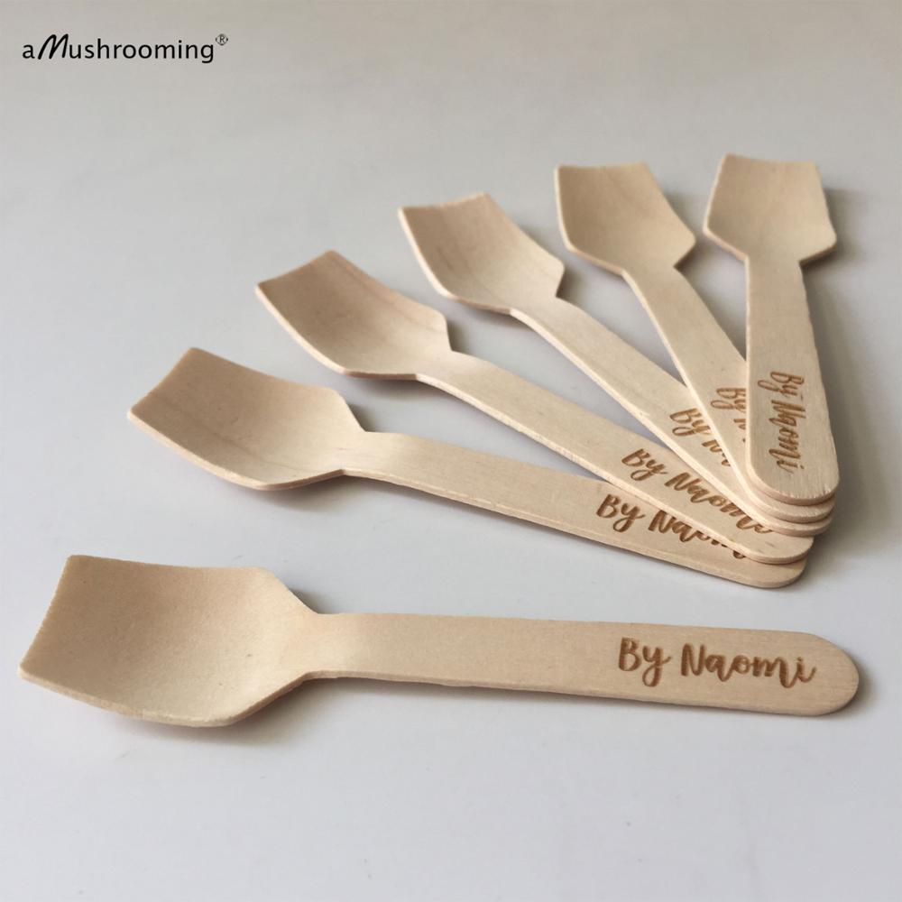 100x Composteerbaar Bestek Sampling Yoghurt Lepel, Vierkante End Proeverij Lepel, Ijs Lepel Bestek Bestek Berken Dessert Bar: 9.5cm flat spoons / Personalized