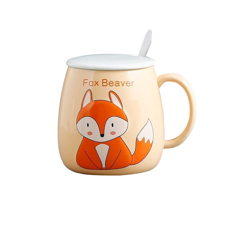 Cute Cartoon Cat Mug Animal Fox Ceramic Mug Office Mug for Girls and Dogs with Lid Spoon cute coffee mugs and cups