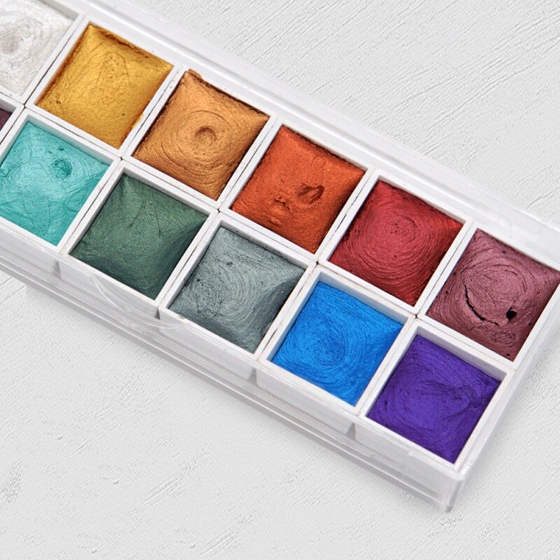 12Colors Portable Glitter WaterColor Paint Set Metallic Gold Pigment Paint Artist Painting Watercolors Art Supplies