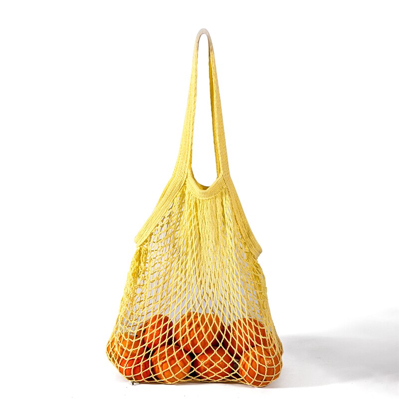 Neue Wiederverwendbare Taschen für Obst Gemüse Tasche Baumwolle Gittergewebe Schnur Organizer Handtasche Kurze/Lange Griff Netz Einkaufen Taschen tote: Gelb-lang