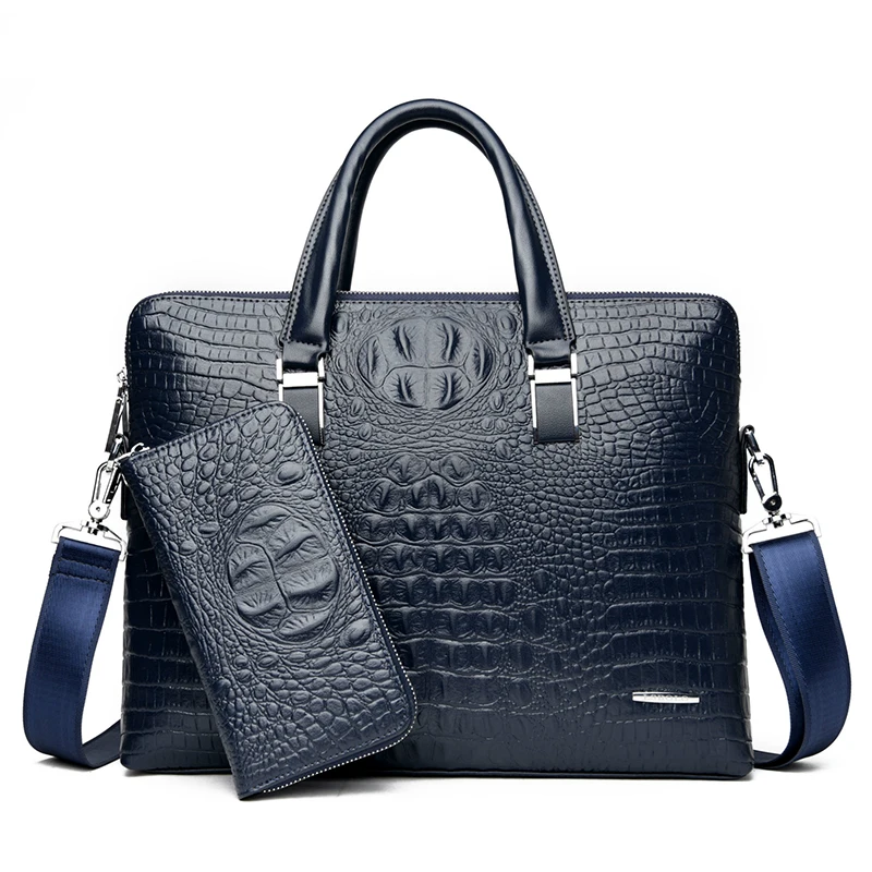 Briefcase Bag for Man PU Leather Crocodile Tote Handbag Laptop 14 Male Shoulder Business Messenger Crossbody Side WT201