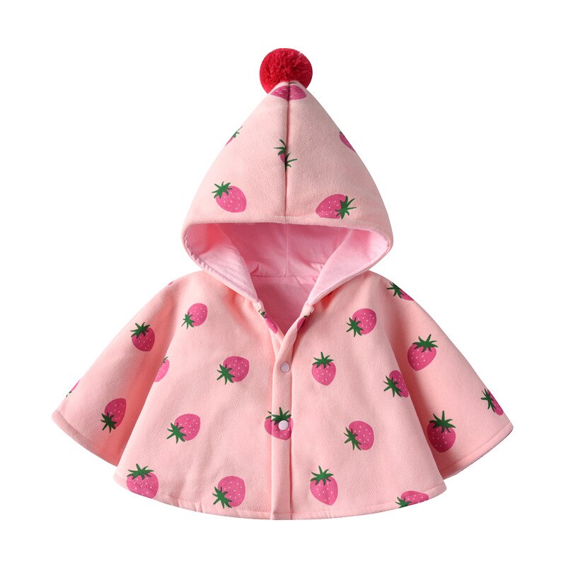 Autunno e inverno abbigliamento per bambini mantello per bambini cartone animato scialle antivento doppio strato mantello infantile uscita cappotti per bambini con cappuccio: Strawberry / 120CM