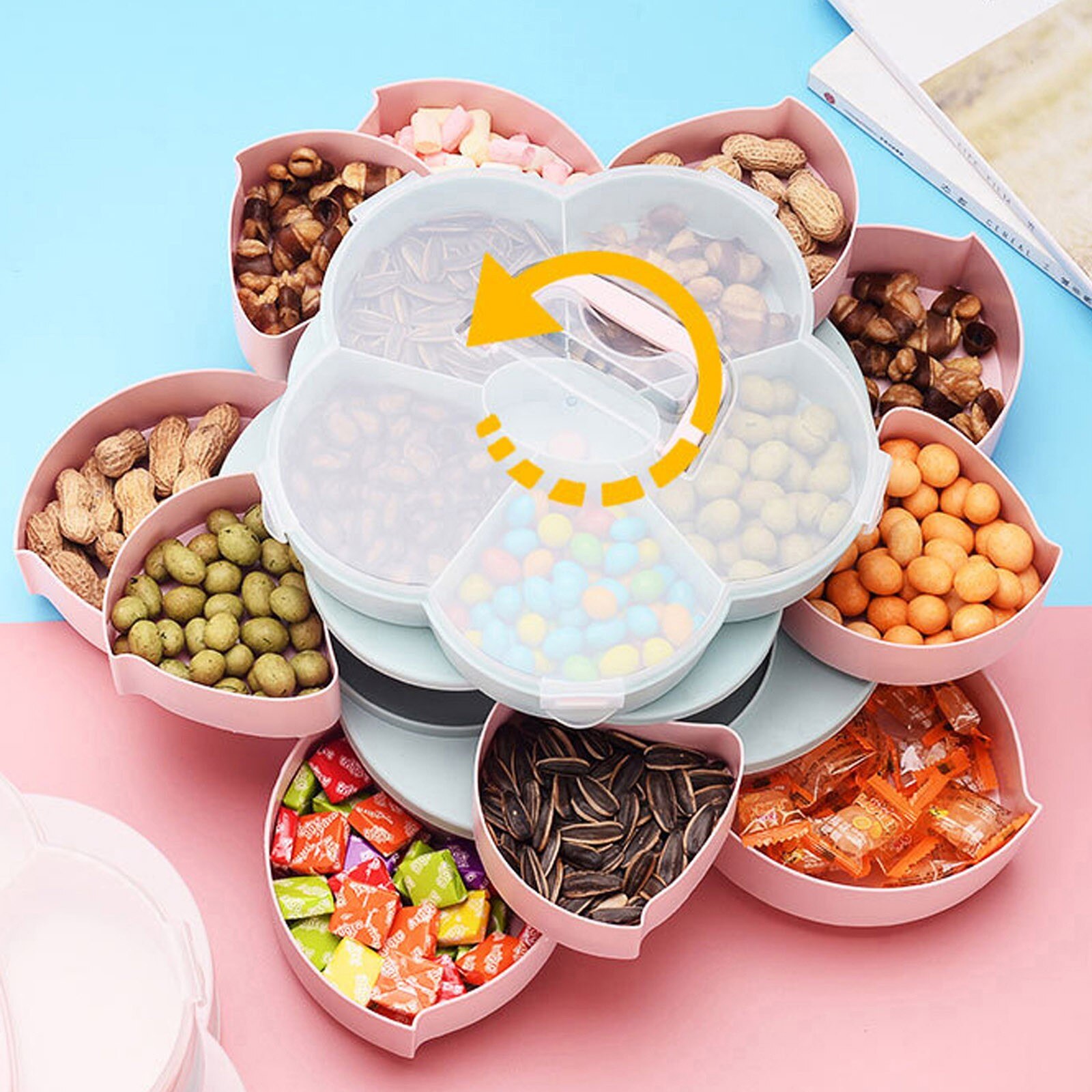 Petal-Shape Rotating Snack Box Candy Tray Food Storage Box Wedding Candy Plates Double-deck Dried Fruit Organizer Storage