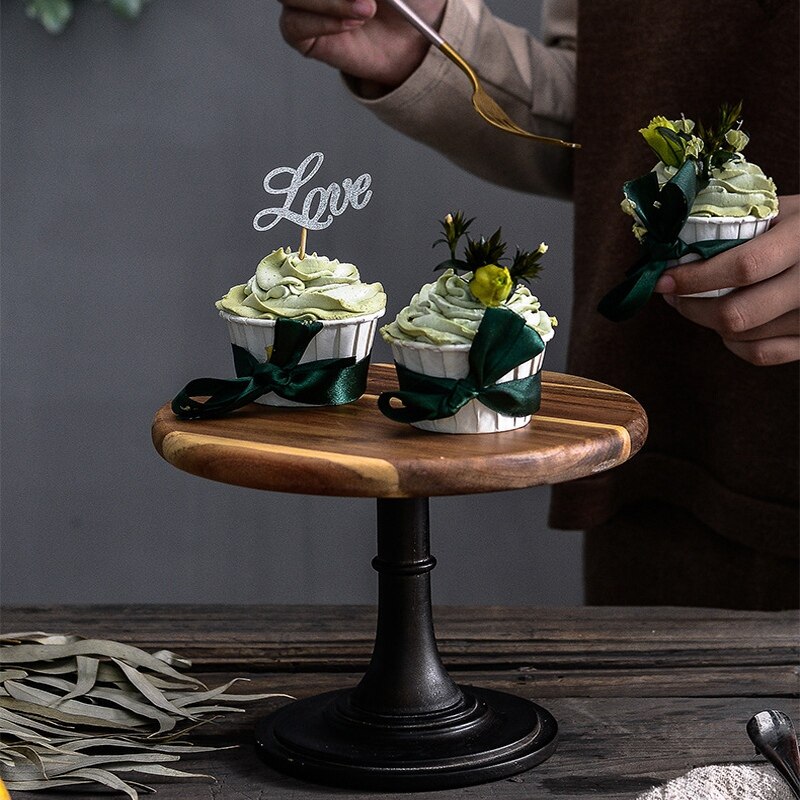 Taart Plaat Stand Houten Plaat Metalen Hoge Basis Cupcake Schotel Hout Lade