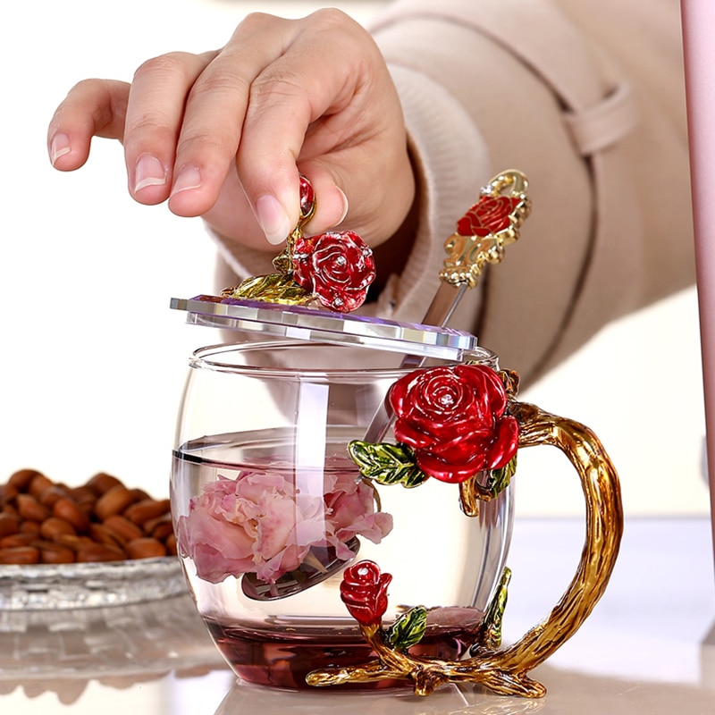 Rød rose emalje krystal krus blomst te glas høj kvalitet glas kop blomsterkrus med håndtag perfekt til elsker bryllup