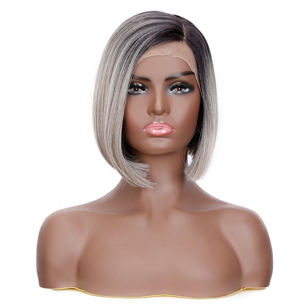 Colorido corto recto pelucas para mujeres negras Ombre raíces oscuras sintética marrón peluca con malla frontal pelucas de pelo Natural sin costuras: TT1B56