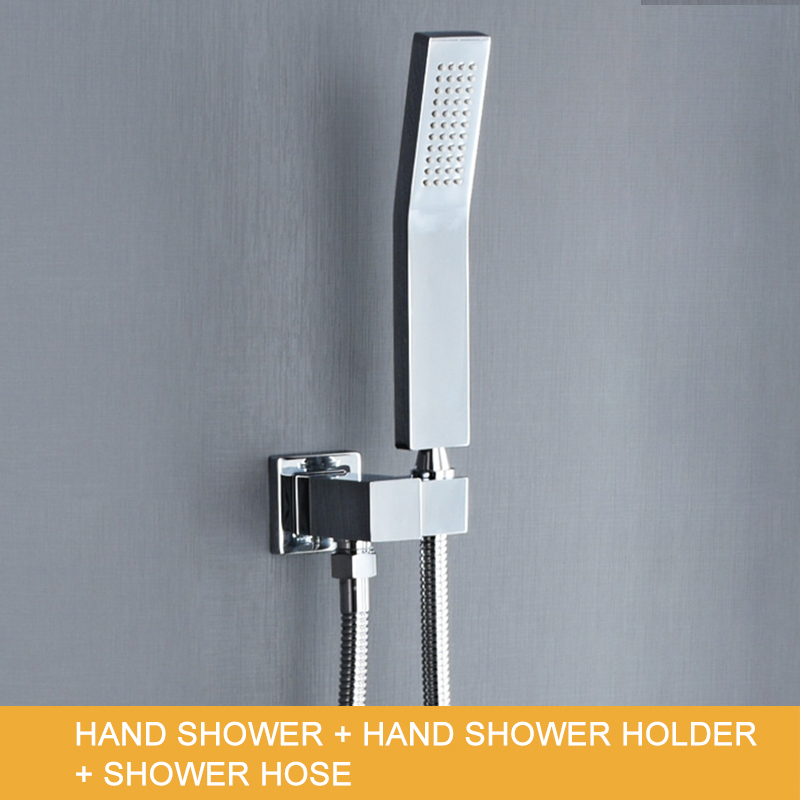 Square Solid Brass Hand Held Shower Head With Wall Connector and Hose Set Bathroom Concealed Valve Chrome Plating Shower Faucet