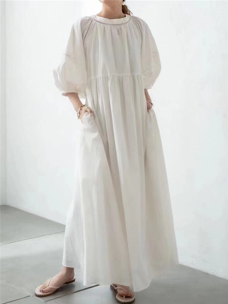 REALEFT 2023 nueva linterna manga camisas de mujer vestidos con cordones sólido Casual suelto recto vestidos largos mujer primavera otoño: Blanco