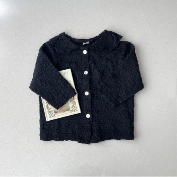 2022 Korea Lente En Herfst Meisjes Bubble Geplooide Mori Ruche Lange Mouwen Gebreide Katoen Leuk Overhemd: Black / 5T