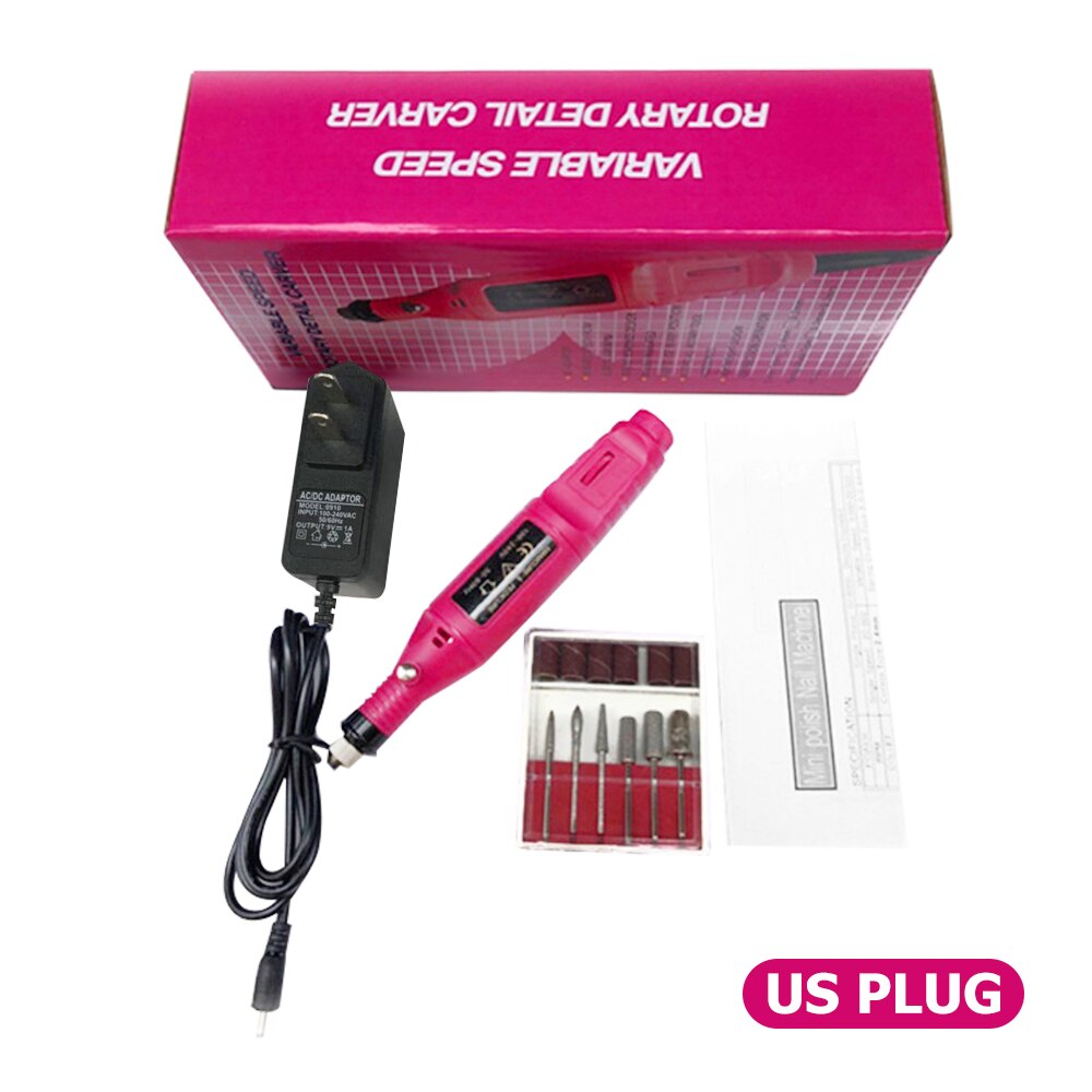 1 sæt elektrisk negleboremaskine pen til manicure pedicure tips polering slibning neglebor bits negle gel mill kit: Rødt us-stik
