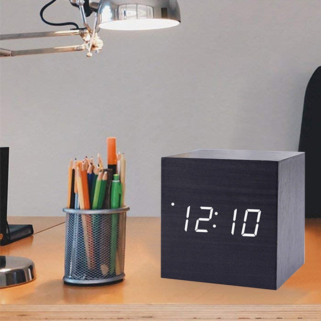 Voice Control Led Clock Luminous Square Wooden Clock Wooden Alarm Clock Silent Temperature Alarm White/Black/Brown