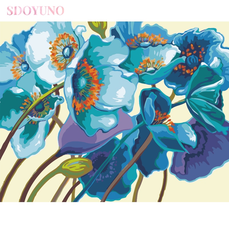 Sdoyuno 40 x 50cm diy ramme oliemaleri med tal kit til voksne blå blomster akryl kunstforsyninger farvelægning efter tal maling