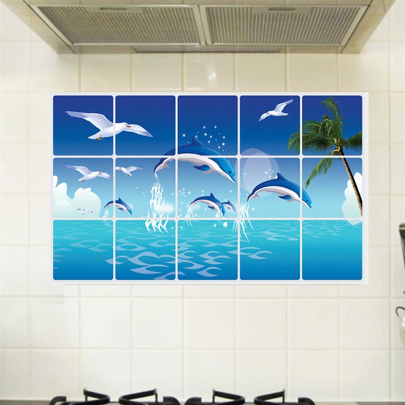 OUNONA Dolphin Kitchen Stickers Anti-Oil Paste Waterproof Removable Bathroom Wall Stickers Decals Wallpaper Home Decoration