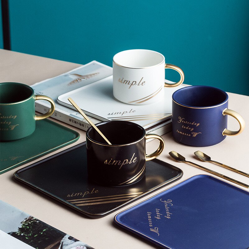 Nordisk stil keramisk kaffekop sæt enkelt kop underkop kaffebar hotel husstand firkantet plade gyldent håndtag