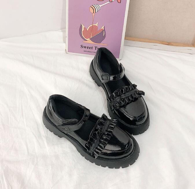 Lolita kengät kawaii kengät naiset harajuku nukke kengät pyöreä varvas alusta yksikengät naisten pienet nahkakengät zapatos mujer 388: Musta / 6