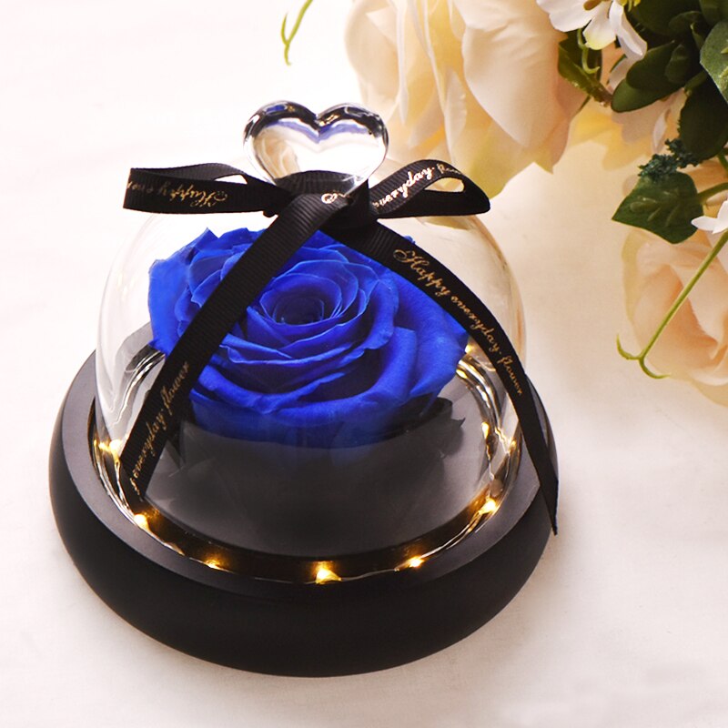 AINYROSE fleur de Rose artificielle en dôme de verre avec lumière LED boîte lampe de nuit Rose éternelle d'anniversaire de mariage pour fille: Blue Rose with Light