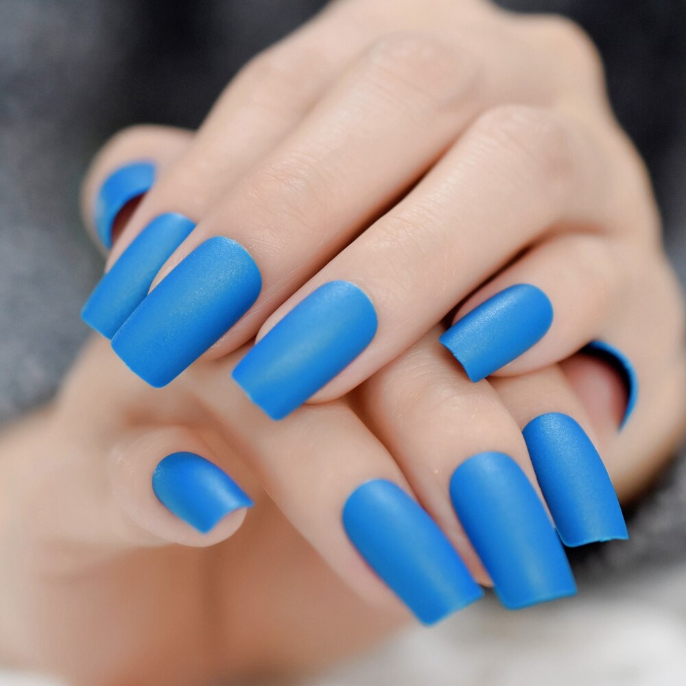 Medium Square Nail Art Tips Matte Plastic Artificial Fingernails Blue Simple Unique False Nails For Nail Art: L5122