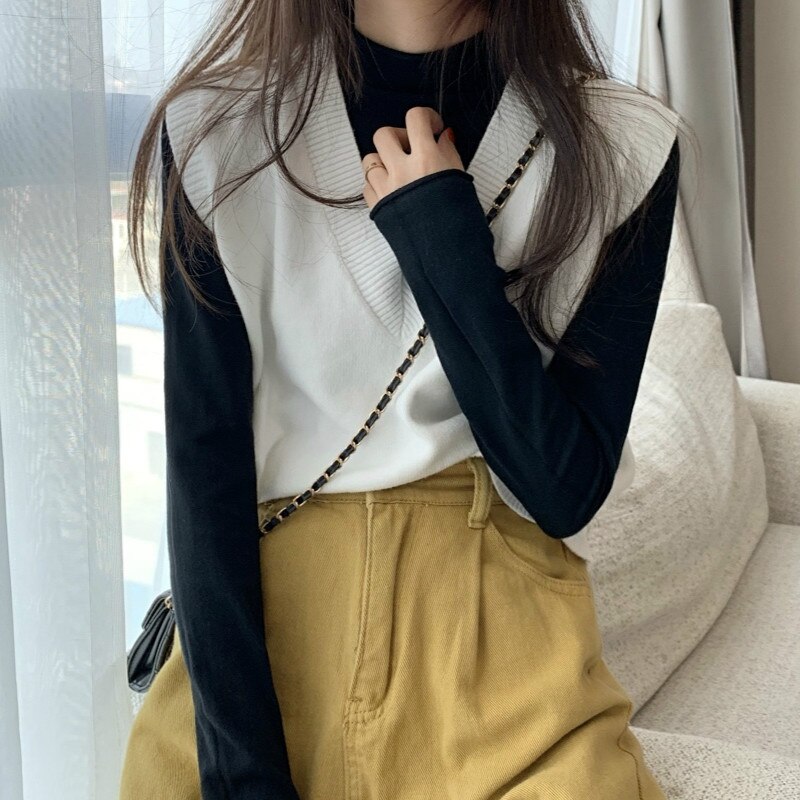 Chaleco de punto liso con cuello en V para mujer, ropa de oficina Ulzzang de estilo coreano, de ocio, a la , suave
