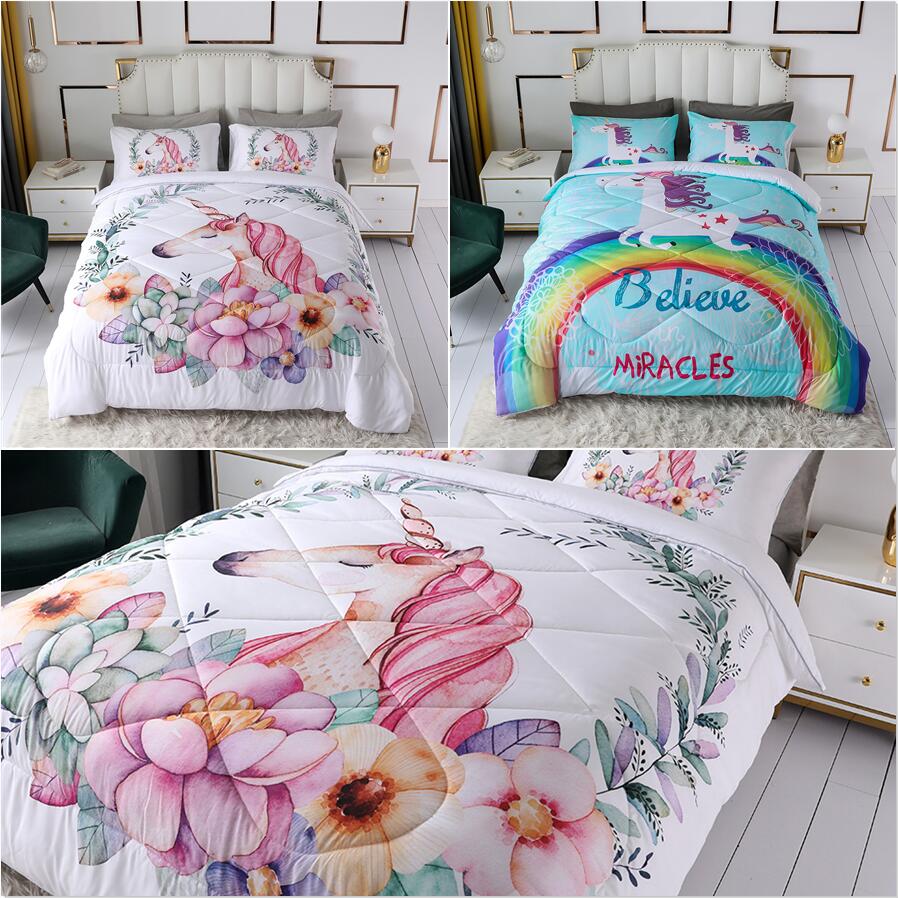 Kawaii Eenhoorn Gedrukt Down Gewatteerde Quilt Beddengoed Deken Cartoon Dier Patroon Single/Twin/Queen Airconditioner Quilt 200x230