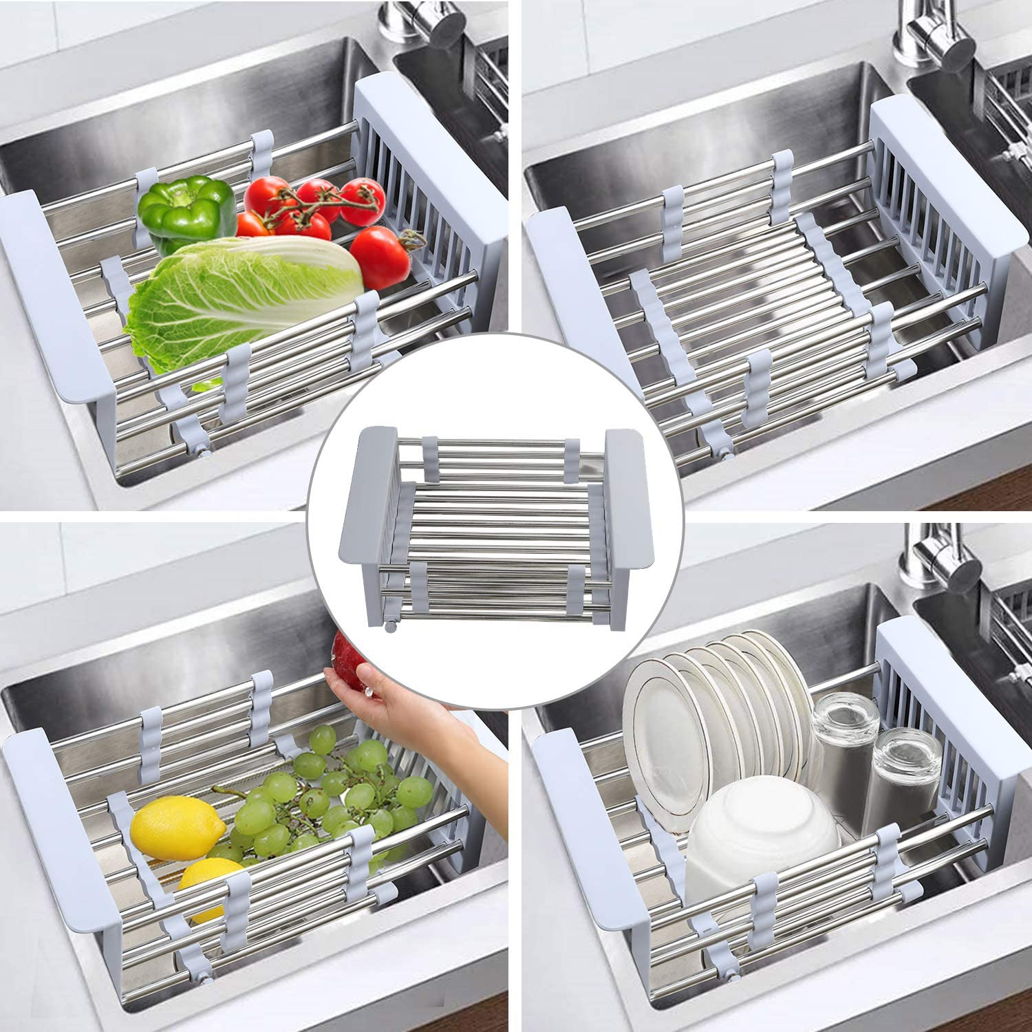 Adjustable Sink Drainer Basket Stainless Steel Kitchen Dish Drying Rack Over Sink Storage For Vegetable Tray Drainer Organizer