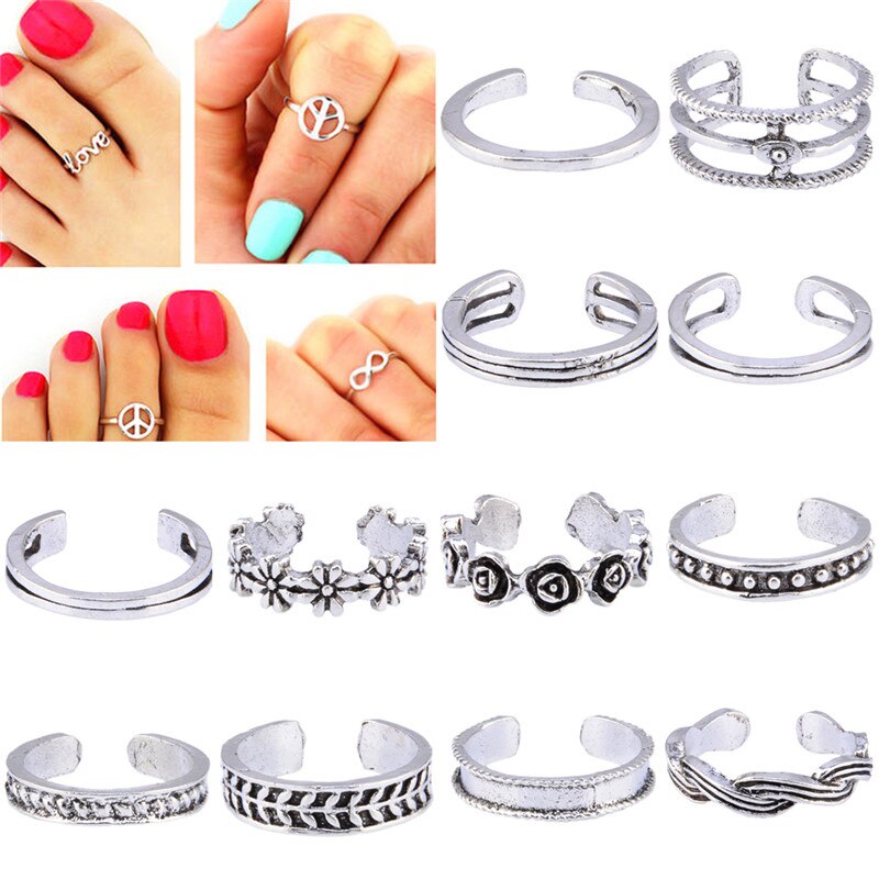 12 Stuks Ringen Dame Unieke Verstelbare Opening Vinger Ring Retro Gesneden Teen Ring Voet Strand Voet Sieraden: Default Title