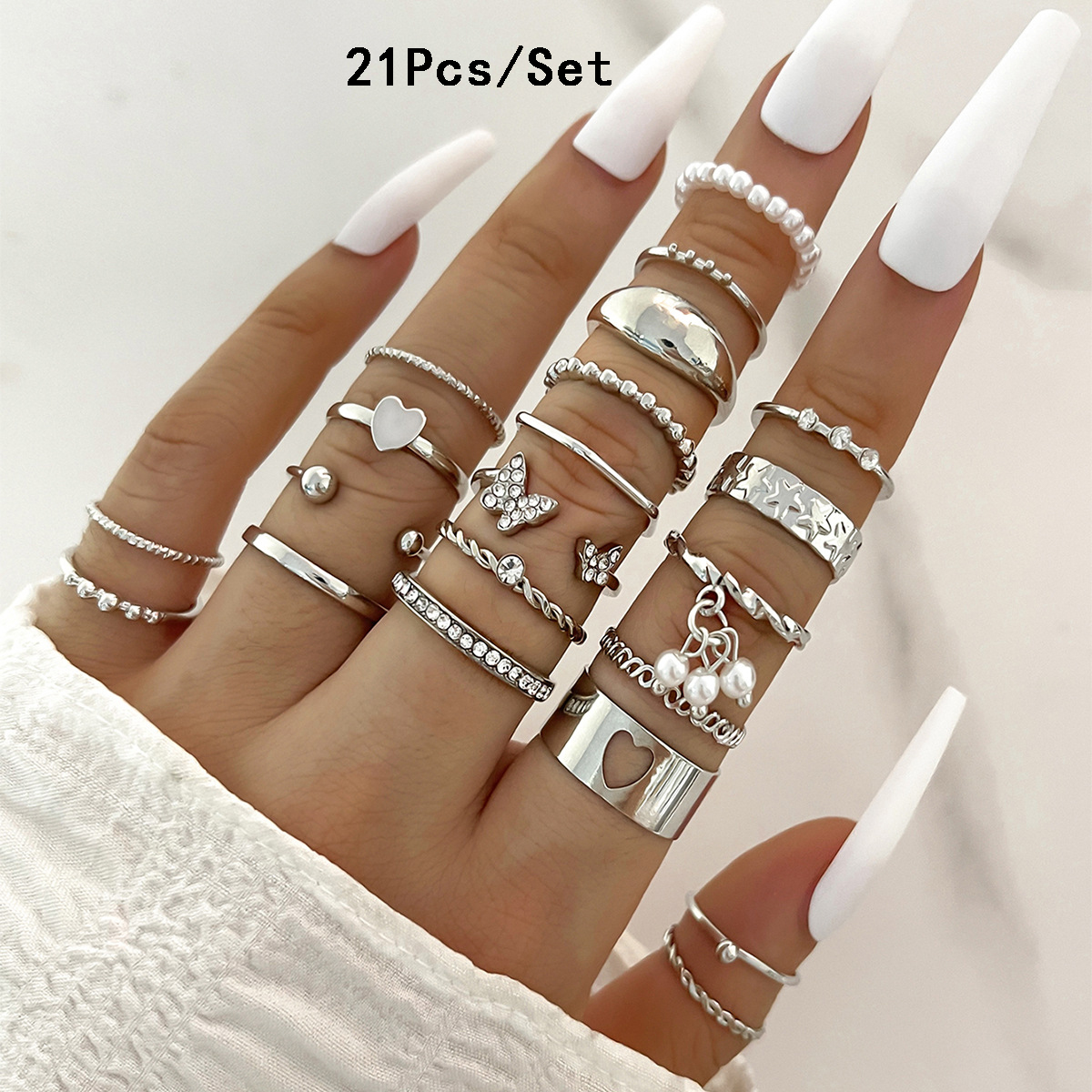 23 Uds. Conjunto de anillos para nudillos a la para mujer, estrella de cristal, Luna, ola de ojo, anillos de Color dorado y plateado, de joyas de a la para mujer: Plata