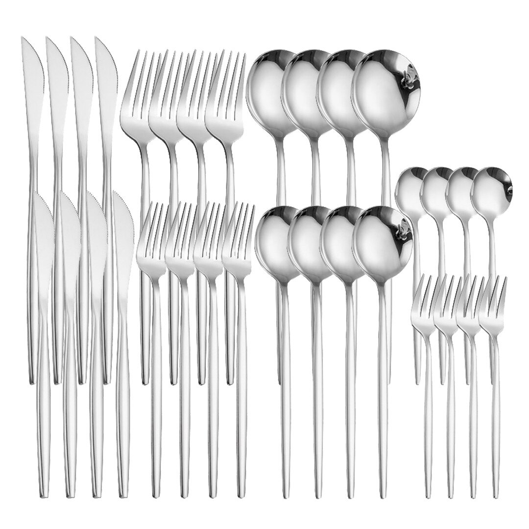 Pink Gold 32Pcs Cutlery Set Stainless Steel Dinnerware Mirror Resueable Luxury Home Knife Spoon Fork Tableware Set Flatware Set: silver 4sets
