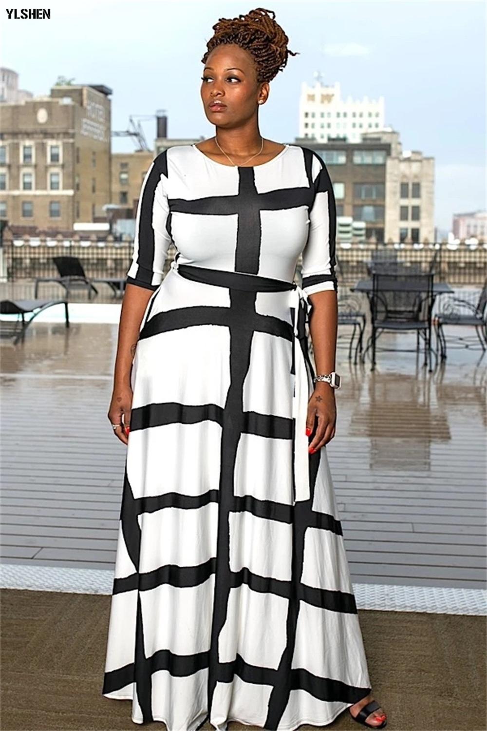 5XL African Dresses for Women Dashiki African Clothes Basin Riche Positioning Print Long Sleeve Black White Africa Dress