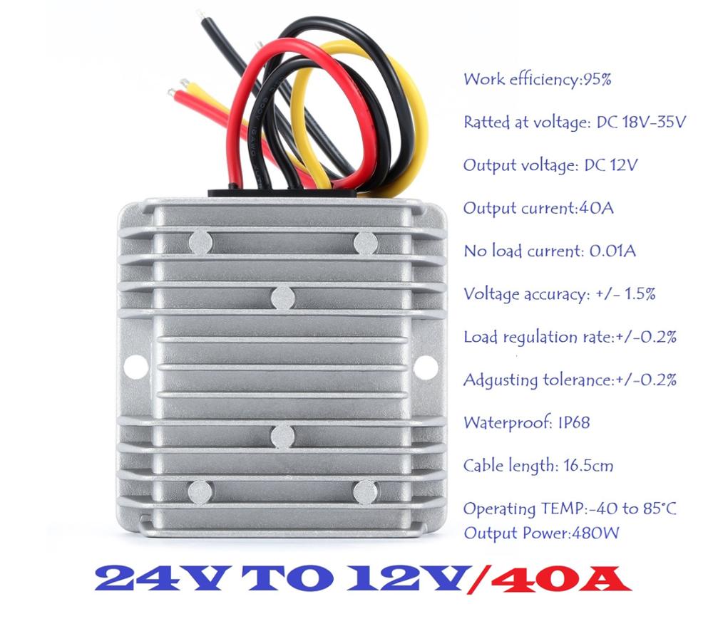 Jævnstrøms- / jævnstrømsomformer regulator reducer 24v trin ned  to 12v 40a 480w vandtæt spænding konverter strømforsyning transformer volt modul