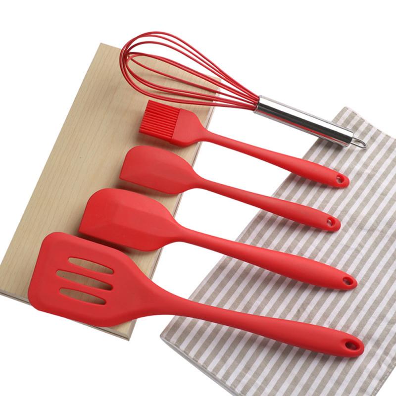 Espátula de goma sin costuras para cocina, juego de utensilios para mezclar y hornear, 5 piezas, utensilio de cocina, cuchara, espátula, cepillo de aceite, herramienta de cocina